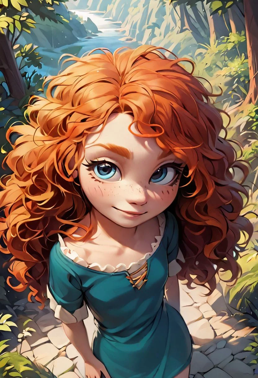 score_9, score_8_up, score_7_up, score_6_up, score_5_up, 1girl, standing, small breasts, <lora:MeridaBraveXLP_Character:1.0> MeridaXLP, freckles, wavy hair, <lora:KakkoiiPony:0.2> woman, 1girl, <lora:1dkXLP:0.2> 1dk, from behind, from above, outdoors, in forest