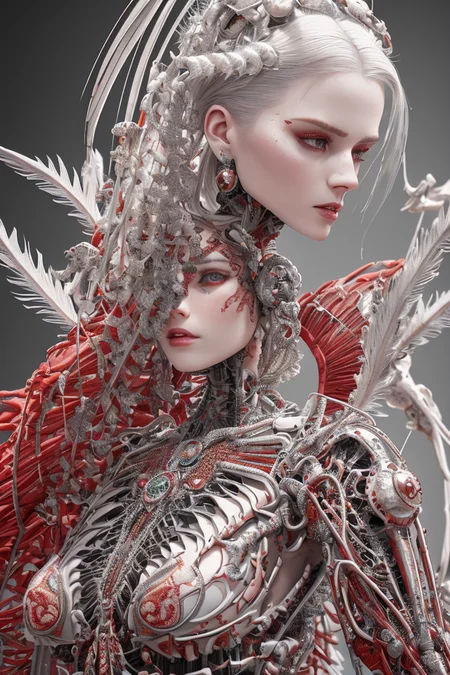 complex 3d render ultra detailed beautiful death angel, biomechanical cyborg, analog 150 mm lens, beautiful natural soft rim light, crystal feathers, roots, fine foliage lace, colorful details, Boris Bidjan Saberi outfit, pearl earrings, piercing, art nouveau fashion embroidered, intricate details, mesh wire, mandelbrot fractal, facial muscles, cable wires, microchip, badass, hyper realistic, ultra detailed, octane render, volumetric lighting, 8k post-production, red and white with a bit of black, detailled metalic bones, semi human, iridescent colors, Glenn Brown style, futuristic room, power of the god, high-angle shot, complex body poses