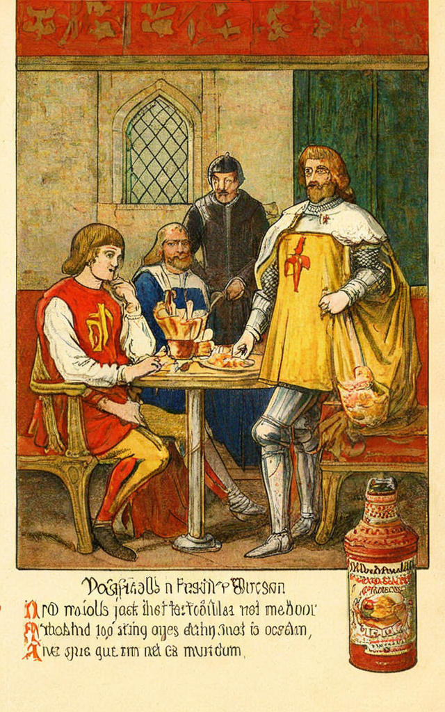 vintageillustration, a mcdonalds fastfood branch in medieval setting, nobles are eating burgers, 8k, very detailed, UHD, extreme details, medieval, burgers, fast food, mcdonalds