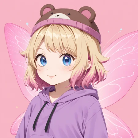 1girl, ((sizzlesjellyqueen, blonde hair, pink hair, two-tone hair, multi-color hair, medium hair, fairy wings, pink wings, blue eyes)), pink background, looking at viewer, upper body,teddy bear hat, bear ears, hat, multicolored background, animal focus, green background, standing
sizzlesjellyqueen, blue eyes, blonde_hair, pink_hair, two-tone_hair, fairy_wings, pink_wings, skirt, purple hoodie
<lora:SizzlesJellyQueenPony:1>