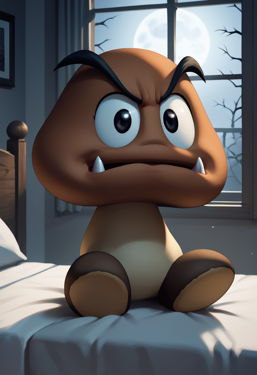 score_9, score_8_up, score_8, <lora:Request_Goomba_Super_Mario_Brothers_for_PonyXL:0.8> g00mb4, solo, black eyes, fangs, 1girl, bedroom, moonlight, window,