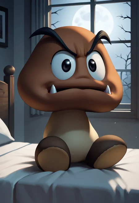 score_9, score_8_up, score_8, <lora:Request_Goomba_Super_Mario_Brothers_for_PonyXL:0.8> g00mb4, solo, black eyes, fangs, 1girl, bedroom, moonlight, window,