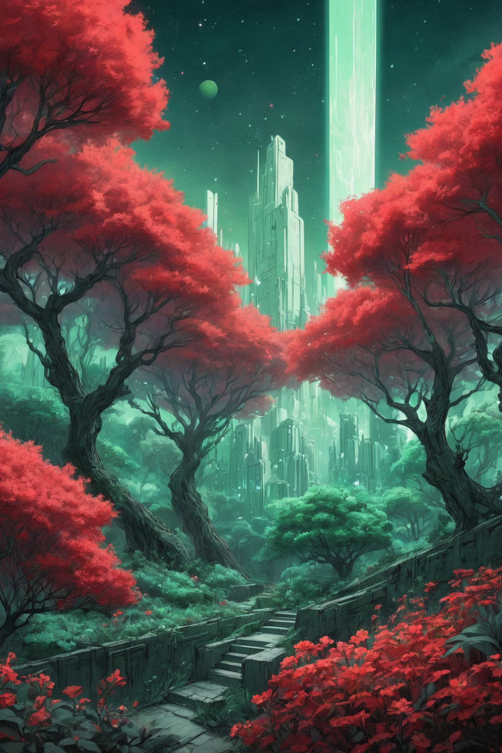 masterpiece, overgrown brutalism, Mint green glow, glowing trees, colorful flowers, breathtaking landscape, (in the sky is red  dwarf star ,               slightly cloudy,, ), highly detailed pencil sketch, pen inks, ultra detailed, beautiful colors, vibrant background, digital illustration trending on cgsociety artgerm IntiresaHQ <lora:Overgrown_Brutalism_SDXL:.8>