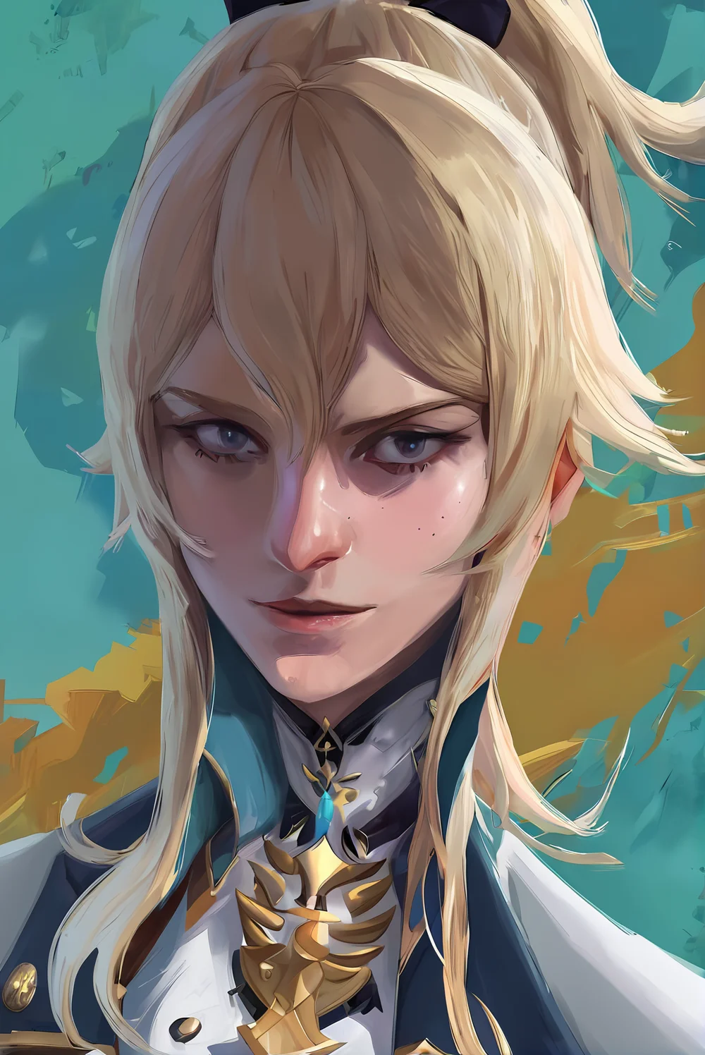 score_9,
<lora:disco_elysium_v1_pruned:1>, de_portrait, oil painting,
jean \(genshin impact\), high collar,
looking at viewer, aqua background, light smile,
high resolution, Masterpiece