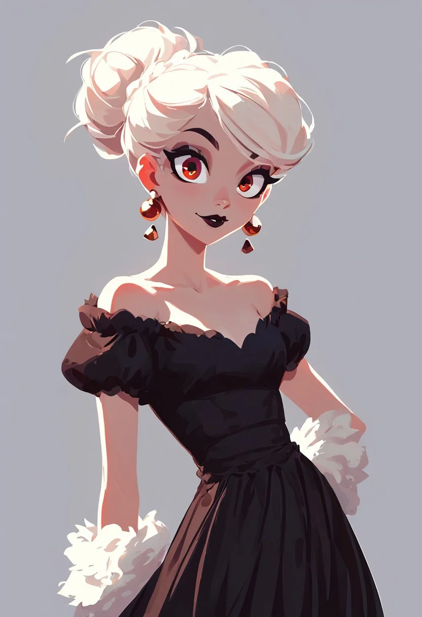 score_9, score_8_up, score_8, cel-shading, vibrant, 1girl, slim, pale skin tone, dark lipstick, regal dressing, fur trimmed black dress, bun hairstyle, (dynamic pose:0.5), big eyes, cute eyes, delicate features, 0xYung, (((dark))), sexy, sensual glare, lineless, flar color