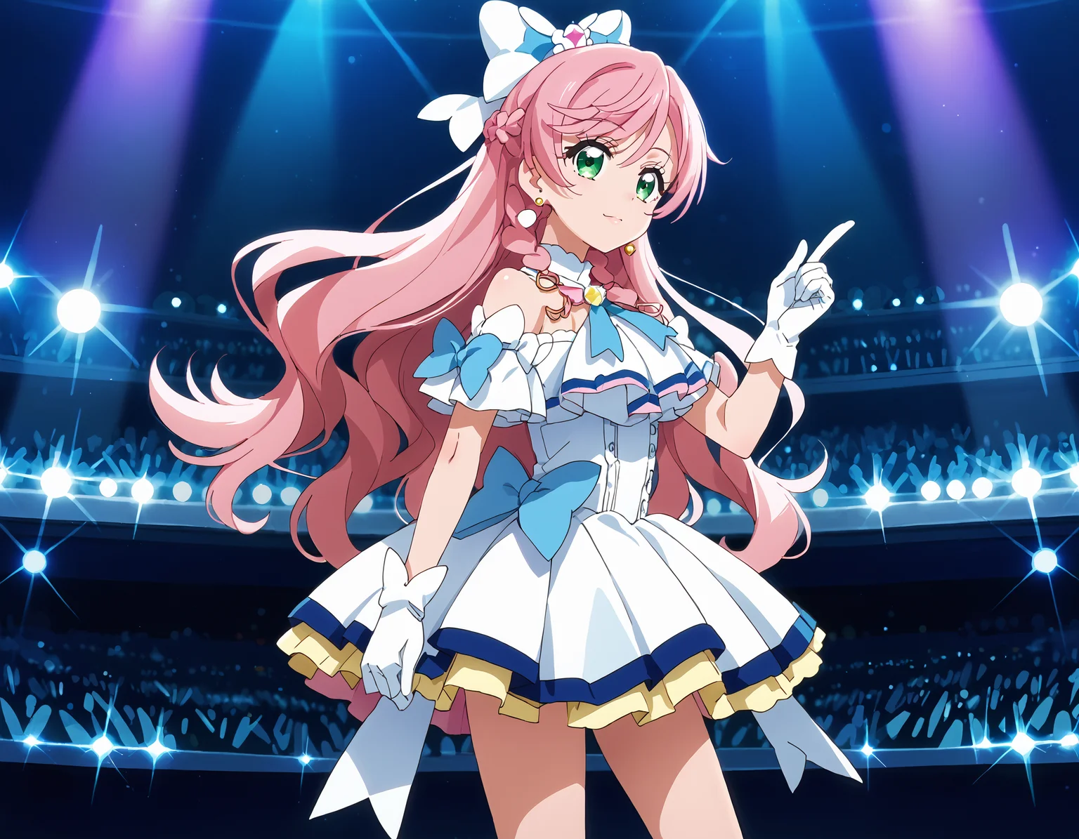 ,
handfixer,<lora:HandFixer_pdxl_Incrs_v1:0.5>,(score_9,score_8_up,score_7_up),masterpiece,4k,8k,(uncensored:1.5) BREAK
(best quality,high quality,perfect anatomy,ultra detailed,ultra high res,absurdres,huge filesize,incredibly absurdres,8k wallpaper,highly detailed:1.1),(anime screencap, official art,official style,megami magazine,game cg,super fine illustration:1.5),
source_anime,zPDXL3,zPDXLxxx,zPDXL2,Super Detail,
,(perfect face,beautiful face,ltra-detailed face,beautiful hair,beautiful eyes,precise mouth,precise lips,cute face,ultra detailed eyes,perfect anatomy,perfect lipsintricate,perfect mouth,cute face,clear skin,shiny hair,ultra detailed eyes,),,(beautiful fingers,beautiful hands,beautiful arms,precise fingers,Perfect hands,perfect arms,perfect fingers,perfect legs),,(heat body,clear skin,shiny hair,caustics,super detailed skin),Correct foot direction,correct arm direction,
BREAK
,
BREAK BREAK
,
(rating_lewd:1.5),(faceless male:1.5),(sexually suggestive outfit:1.5),(Beautiful lips:1.3) BREAK
,
standing,concert,from behind,stage,stage light,faceless,performance,audience,<lora:From_behind_-_on_stage:0.75>,holding,microphone,
(;d:1.3),index finger raised,jump,
,
<lora:cureprism.pony:0.8>,1girl,solo,(cureprism:1.5),long hair,green eyes,pink hair,braid,medium breasts BREAK ,dress,bow,jewelry,hair bow,earrings,boots,white dress,blue bow,magical girl,white footwear,knee boots,white bow,(off shoulder:1.2),bare shoulder,