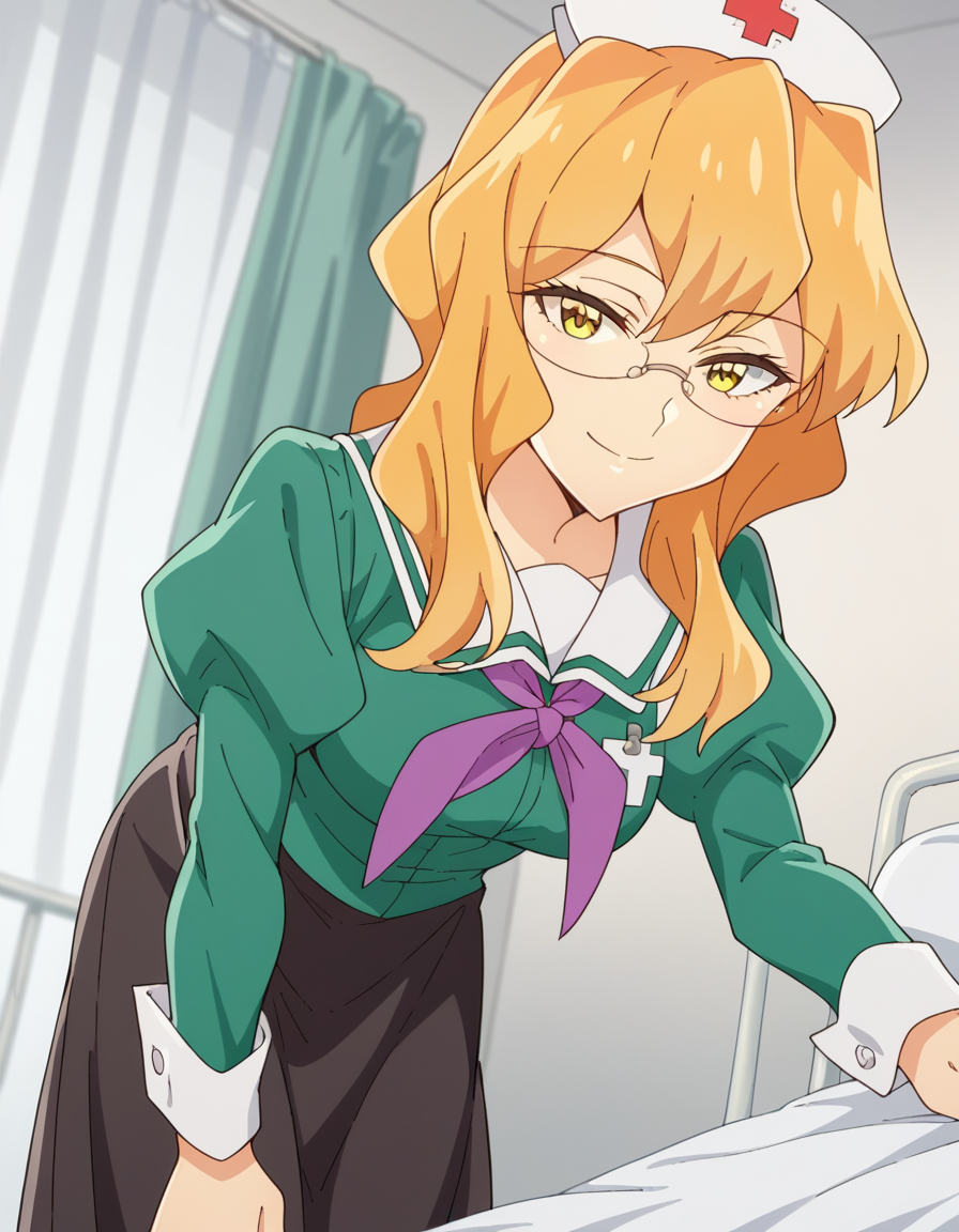 score_9, score_8_up, score_7_up, source_anime, <lora:sumika-chibana-s1-ponyxl-lora-nochekaiser:1>, sumika chibana, long hair, blonde hair, yellow eyes, glasses,, skirt, long sleeves, school uniform, puffy sleeves, serafuku, purple neckerchief, green shirt, black skirt, long skirt,, infirmary, bed, medical supplies, nurse, first aid, smile, leaning forward,, looking at viewer, solo,, dutch angle, cowboy shot