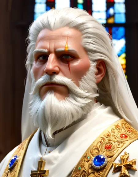 <lora:xlreinhardt-v2:0.8>,reinhardt,One eye is blind,beard,white hair,A pale priest in a church with a beam of light shining right on his face,close-up,looking divine,best quality,intricate details,Front View,
