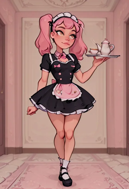 1girl(femboy, pink hair, dual ponytails, hazel eyes, small breasts, standing), Dynamic angle, Dynamic pose, NSFW, smoove, maid dress, pink bow, frills, short sleeves, maid headdress, carrying tea set on silver tray