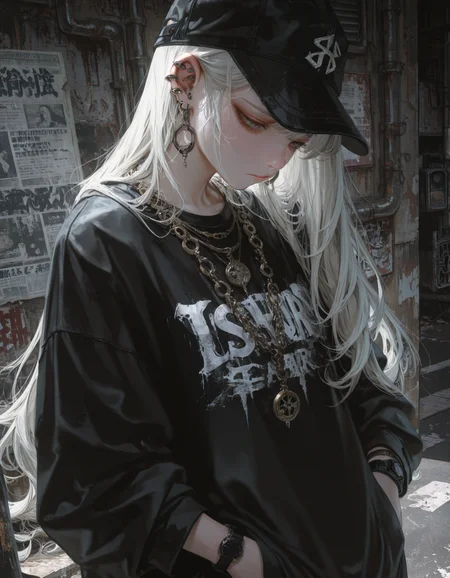 embedding:lazyposv2,
1girl, solo, long hair, white hair, silver hair, bangs, flowing hair, incredibly long hair, closed mouth, light frown, looking down, earrings, hoop earrings, multiple earrings, industrial piercing, ear piercing, stretched ear, necklace, multiple necklaces, layered necklaces, chain necklace, pendant, bracelet, wristband, watch, black baseball cap, cap, headwear, black t-shirt, oversized t-shirt, graphic t-shirt, long sleeves, black clothes, dark clothing, layered clothing, hands in pockets, standing, newspaper background, cluttered background, street, urban, wall, grunge, anime style, manga style, realistic lighting, detailed, illustration, highly detailed, sharp focus, subtle lighting, soft light, from above, eye-level shot, <lora:iLLMythM4gicalL1nes:0.2> M4gicalL1nes, <lora:USNR STYLE_XL_loha:0.8> usnr, <lora:timeless:0.5> aetrns2, <lora:kamatama_rom:0.25>
