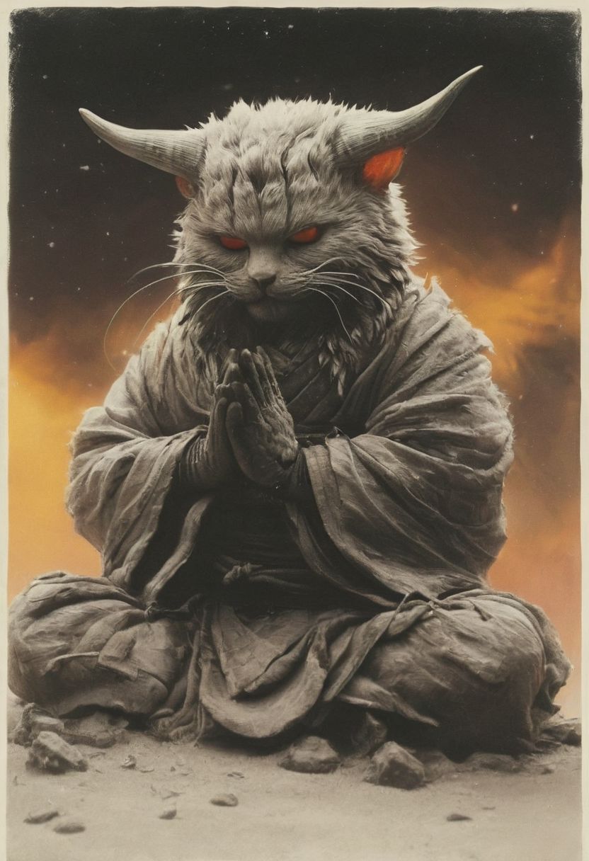 Capturing serenity amidst boundless solitude: a powerful image of a fluffy tousled old ninja cat with horned devil mask, draped in flowing feudal garb, large sedge-hat, meditating in lotus position upon an endless, sunless expanse. As she hovers, an aura emanates from her, growing in intensity as it extends beyond her Till it explodes in the far, reminiscent of expanding ripples of sound. The neon hues of her aura paint the air, a vivid testament to her inner strength and focus.
creating a surreal normal scene with translucent white and beige-brown-black details, colorful (polaroid:0.7) with vibrant colors, (vacations, high resolution:1.3), (small, selective focus, european film:1.2), closeup