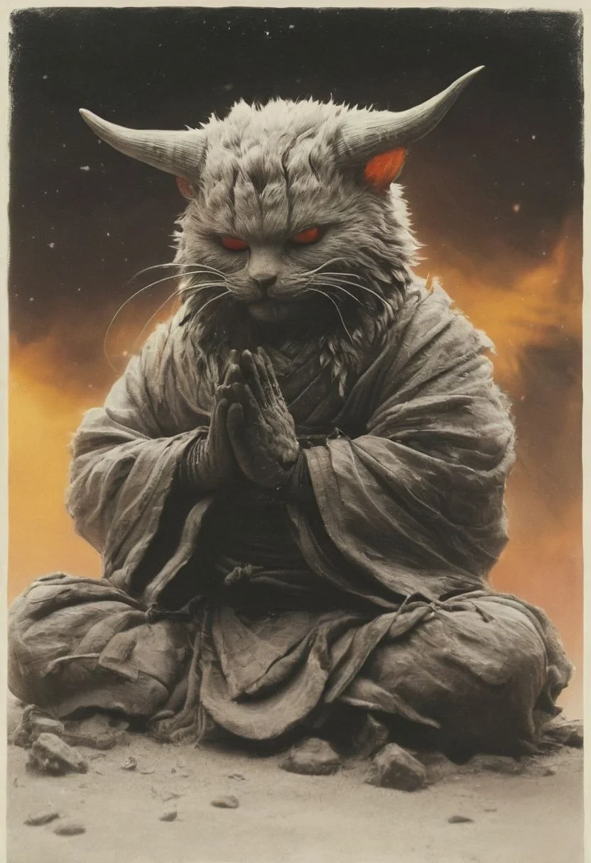 Capturing serenity amidst boundless solitude: a powerful image of a fluffy tousled old ninja cat with horned devil mask, draped in flowing feudal garb, large sedge-hat, meditating in lotus position upon an endless, sunless expanse. As she hovers, an aura emanates from her, growing in intensity as it extends beyond her Till it explodes in the far, reminiscent of expanding ripples of sound. The neon hues of her aura paint the air, a vivid testament to her inner strength and focus.
creating a surreal normal scene with translucent white and beige-brown-black details, colorful (polaroid:0.7) with vibrant colors, (vacations, high resolution:1.3), (small, selective focus, european film:1.2), closeup