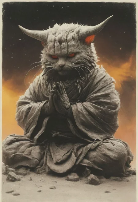 Capturing serenity amidst boundless solitude: a powerful image of a fluffy tousled old ninja cat with horned devil mask, draped in flowing feudal garb, large sedge-hat, meditating in lotus position upon an endless, sunless expanse. As she hovers, an aura emanates from her, growing in intensity as it extends beyond her Till it explodes in the far, reminiscent of expanding ripples of sound. The neon hues of her aura paint the air, a vivid testament to her inner strength and focus.
creating a surreal normal scene with translucent white and beige-brown-black details, colorful (polaroid:0.7) with vibrant colors, (vacations, high resolution:1.3), (small, selective focus, european film:1.2), closeup