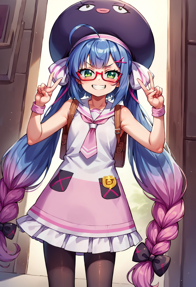 score_9, score_8_up, score_7_up, source_anime, BREAK
<lora:OtomachiUna_MMD_Pony_V1:0.85>Otomachi_Una, green eyes, gradient hair, blue hair, pink hair, very long hair, twin braids, black hair bow, hairclip, large ahoge, x hair ornament, sidelocks,
large hat,  purple hat, hat bow,
red-framed eyewear, under-rim eyewear,
short dress, sleeveless dress, frilled dress, randsare,
pantyhose, white footwear, shoes,
(cowboy shot:1.5), cute, kawaii, ((Petite)), smug, smirk, blush, teeth, peace sign, double peace sign,(ftame out hat)
(red streaked background, simple bacground,,red streaked background, simple bacground,,)