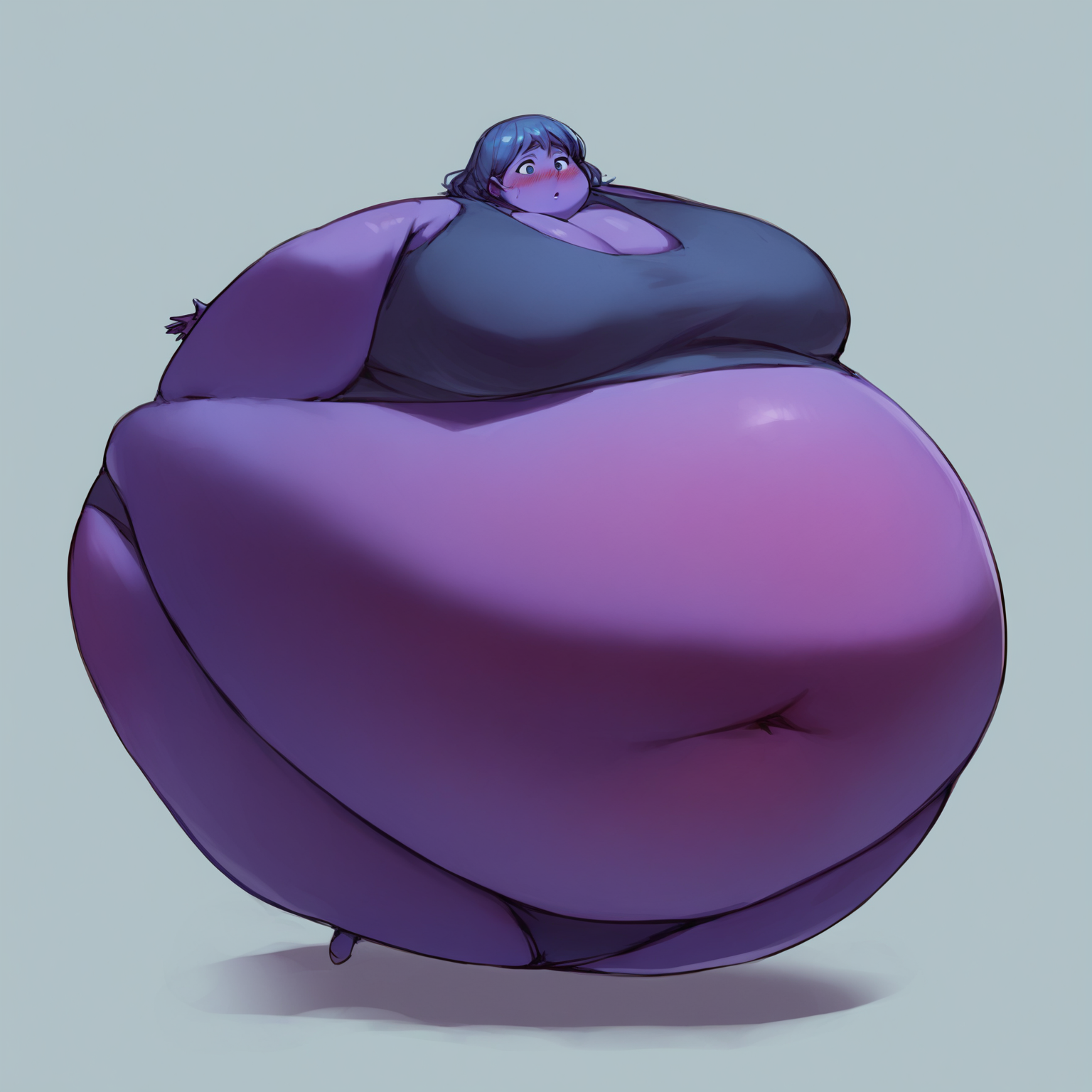<lora:blueberry_pony_01a05-000019:1>
source_anime, score_9, score_8_up, score_7_up,
solo, 1girl, (hyper blueberry inflation, inward arms, inward legs), spherical inflation, colored skin, purple skin, full body, simple background, blush, 
surprised, weight conscious, blue eyes, blue hair, navel, midriff, crop top, taut clothes, panties, sagging breasts
