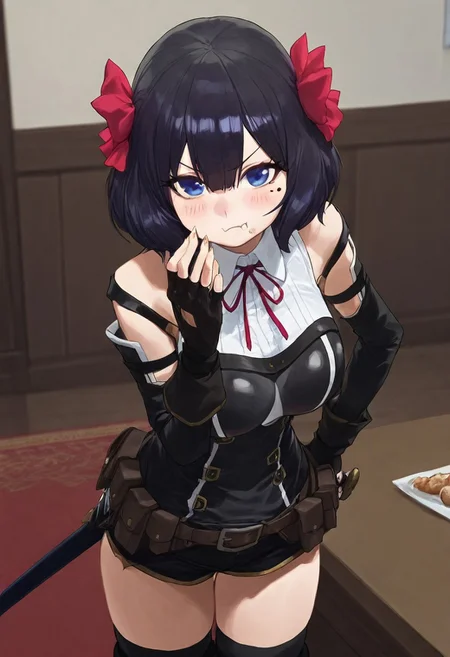 modare, 1girl, blue eyes, short hair, black hair, hair ribbon, blush, breasts, short dress, white shirt, lace trim, sleeveless, detached sleeves, fingerless gloves, shorts, thigh boots, belt, pouch, scabbard, closed mouth, cowboy shot, eating, food, food on face, hair between eyes, indoors, large breasts, looking at viewer, mole, mole under eye, solo, standing, desk, carpet