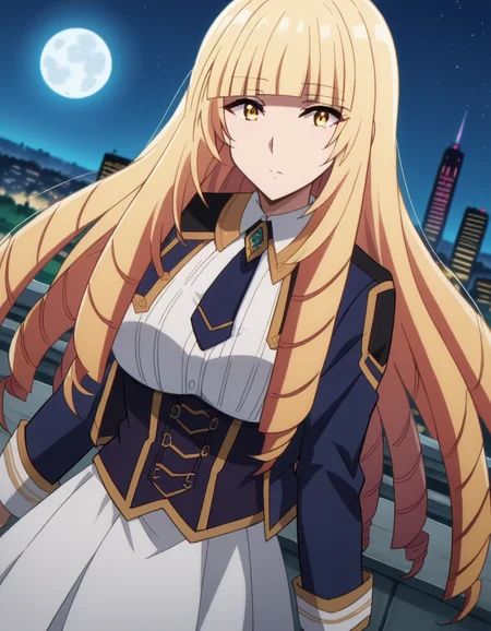 score_9, score_8_up, score_7_up, source_anime,
orianarose, <lora:oriana-rose-ponyxl-lora-nochekaiser:1>,
oriana rose, long hair, blonde hair, yellow eyes, drill hair, bangs, blunt bangs, mature female,
skirt, jacket, necktie, white skirt, corset,
outdoors, cityscape, night, moon,
looking at viewer, dutch angle,