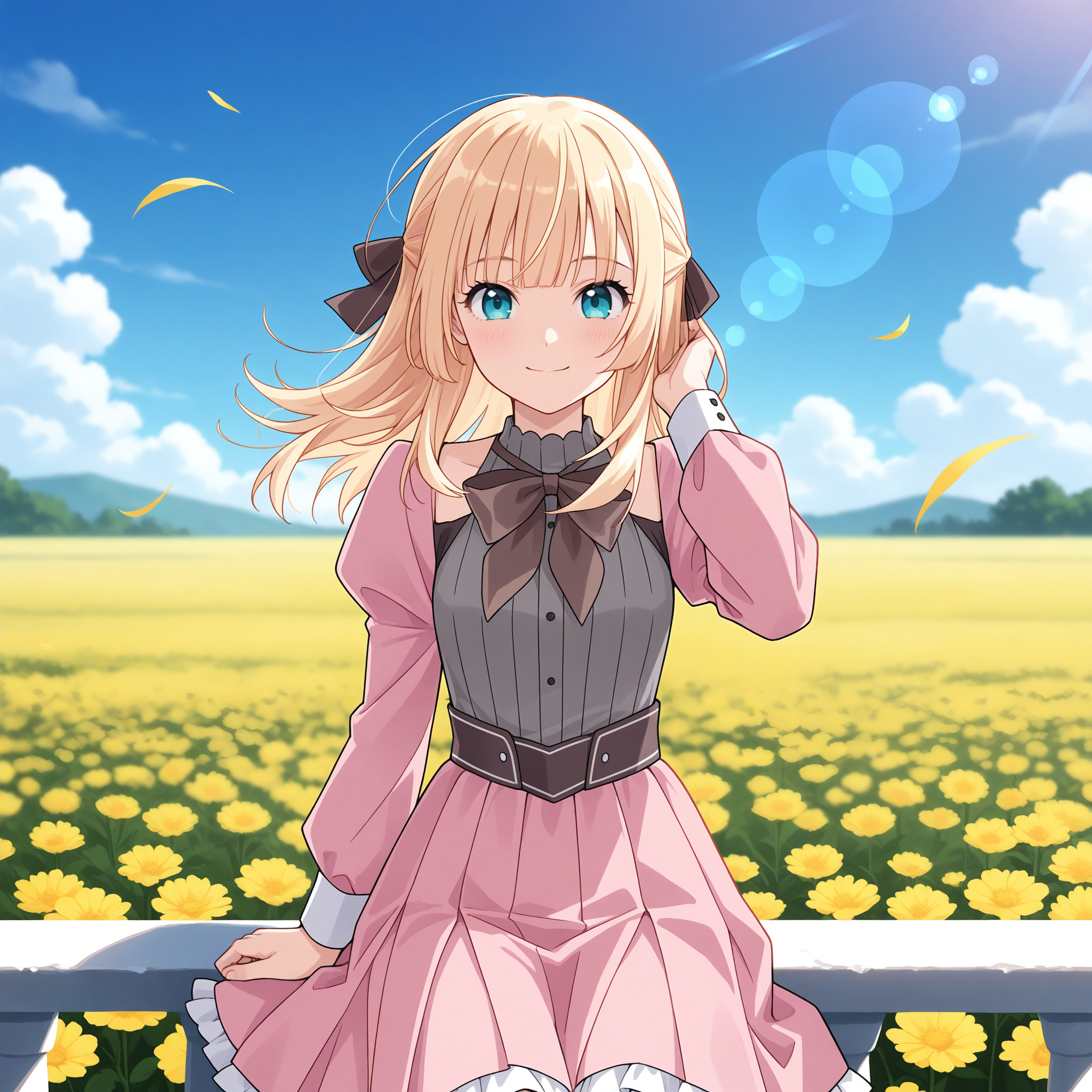 <lora:Lysia_Plaid_1_nai-000043:1>,Lysia Plaid,hair bow,brown bow,
pink dress,brown bowtie,puffy long sleeves,grey vest,pleated dress,frilled dress,
1girl,solo,smile,looking at viewer,sitting,on railing,flower,flower field,arm at side,hand in own hair,day,blue sky,depth of field,lens_flare,wind,floating hair,front view,straight-on,