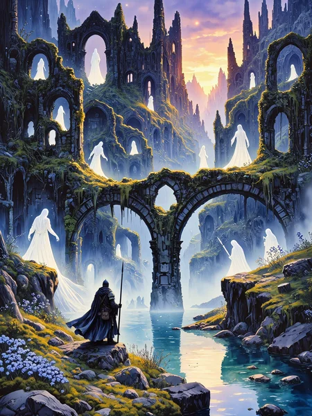 masterwork illustration inspired by lord of the rings, ink and watercolor on textured handmade paper, epic, atmospheric and cinematic, rule of thirds composition, beautiful yet haunting, dreamlike and melancholic, the ruins of osgiliath, half-submerged in the anduin, their ancient stone bridges and crumbling towers bathed in the eerie glow of twilight, the sky painted in deep purples and blues, with mist rolling in from the river, spectral echoes of gondorian warriors still linger within the ruins, their ghostly forms barely visible through the haze, clad in tattered cloaks and shattered armor, remnants of a long-lost battle, in the foreground, a lone gondorian soldier stands amidst the ruins, his long, silver-trimmed cloak billowing slightly in the breeze, he gazes upon the spectral, translucent warriors with his sword in hand, ivy and pale blue wildflowers entwine around the ruins, glowing faintly in the fading light, the river anduin shimmers with an unnatural luminescence, reflecting the silhouettes of the fallen, painterly, handcrafted illustration, intricate watercolor textures and delicate inked linework, soft yet dramatic lighting enhances the mystical aura, creating a perfect balance between eerie and enchanting, an illustration in the style of a dark fairytale, blending the whimsical with the haunting, framed like an ancient storybook illustration, inspired by studio ghibli and kay nielsen, ovg, studio ghibli dark fairytale, <lora:style-dark_ghibli-flux-by_arsmachina:0.68> <lora:image_enhancer-flux-by_dever:0.76>