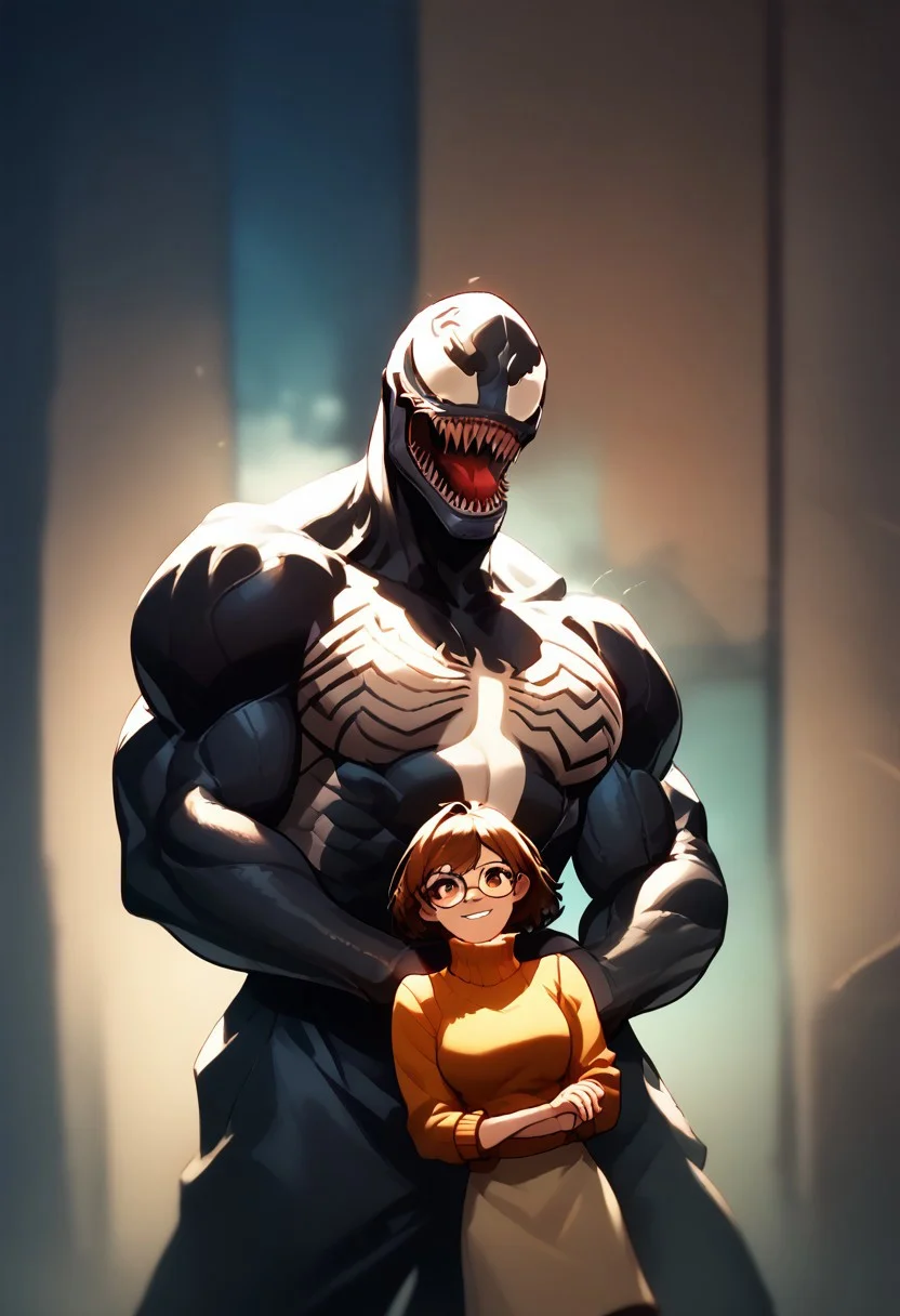score_9, score_8_up, score_7_up, score_6_up,source anime,,1girl,1man, brown hair, glasses, sweater, brown eyes, skirt, short hair, looking at viewer, turtleneck, turtleneck sweater,
1man,Venom stands at his full height behind him, showing off the muscles on his powerful arms, big teeth, and a crazy smile.symbiote,muscular,tongue out,monster,