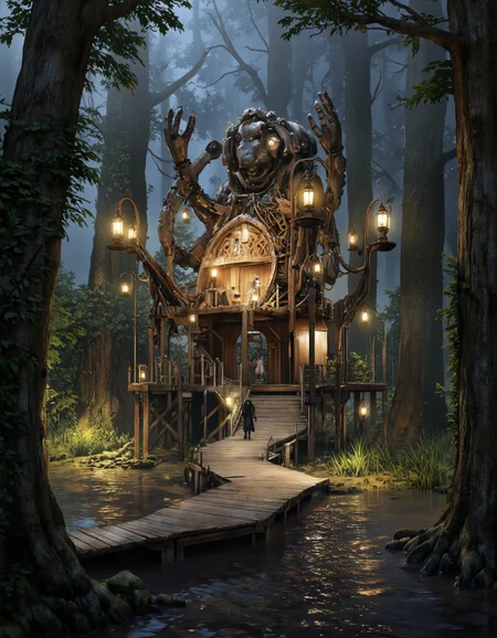 By Brandon Le. A digital illustration shoot from a far camera angle about a mysterious and eerie scene set in a swampy area at night, featuring a large, humanoid creature emerging from a small wooden structure in the middle of the image, surrounded by lush greenery and illuminated by lanterns. the creature appears to be a humanoid, with a humanoid body and a humanoid face, and is standing on a wooden bridge over a muddy river. the structure is intricately detailed with various mechanical elements, including a large head, arms, and legs, giving it a humanoid appearance. the surrounding area is dimly lit, with eerie ambiance, and the atmosphere is reminiscent of a post-apocalyptic world. in the foreground, a lone figure stands on the wooden bridge, facing away from the viewer, adding to the sense of mystery and foreboding. on the other side of the bridge, a few other figures can be seen, adding a sense of scale to the scene. the overall mood is dark and eerie, with the presence of a humanoid figure emerging from the wooden structure, creating an eerie and mysterious atmosphere.