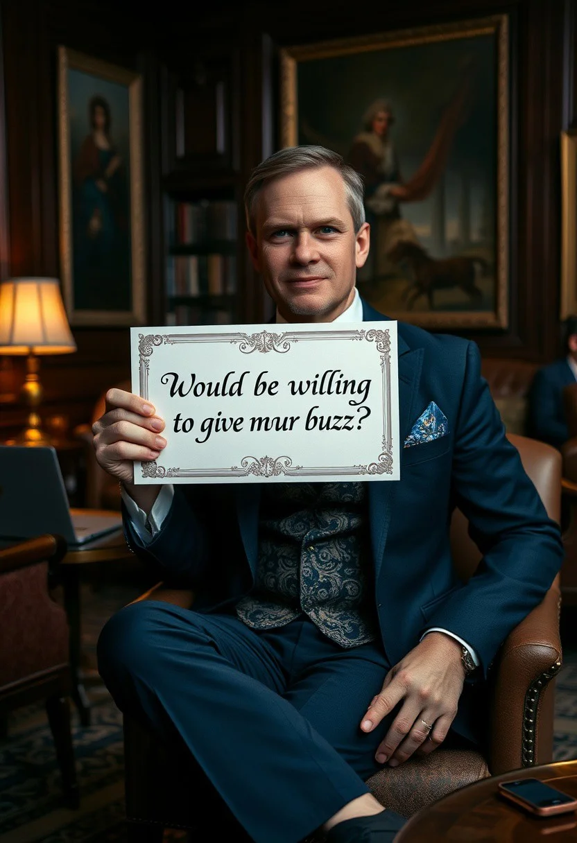 Gentleman sitting in lounge holding a sign "Would you be willing to give me some buzz?". Sign is printed on a big fancy business card with calligraphy ornament. The man is wearing fancy expensive dark blue business suit, ornate vest and necktie. Background of luxurious British lounge with fancy furniture, laptop, armchair, table, bookcases, paintings. Soft dim lighting, cinematic photo, natural colours, muted colours, film grain. Nikon.