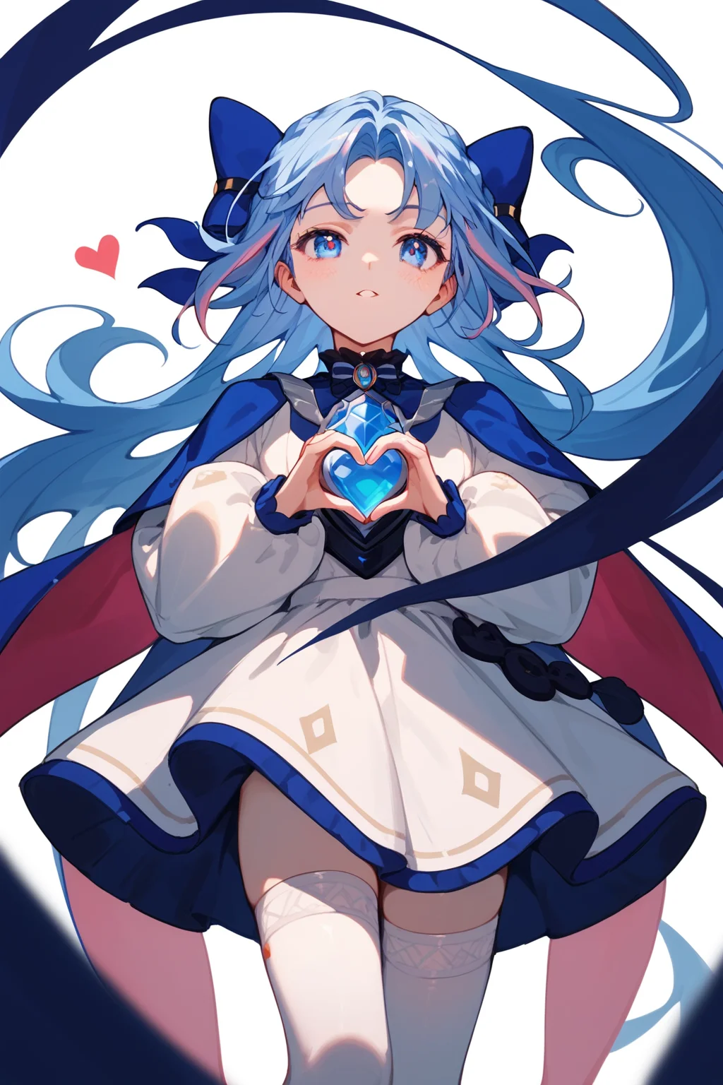(score_9,score_8_up,score_7_up,),<lora:shume-000020>,shume,multicolored hair,long hair,pink hair,hair bow,parted bangs,blue eyes,blue hair,white thighhighs,white dress,braid,wind,heart hands,cowboy_shot,