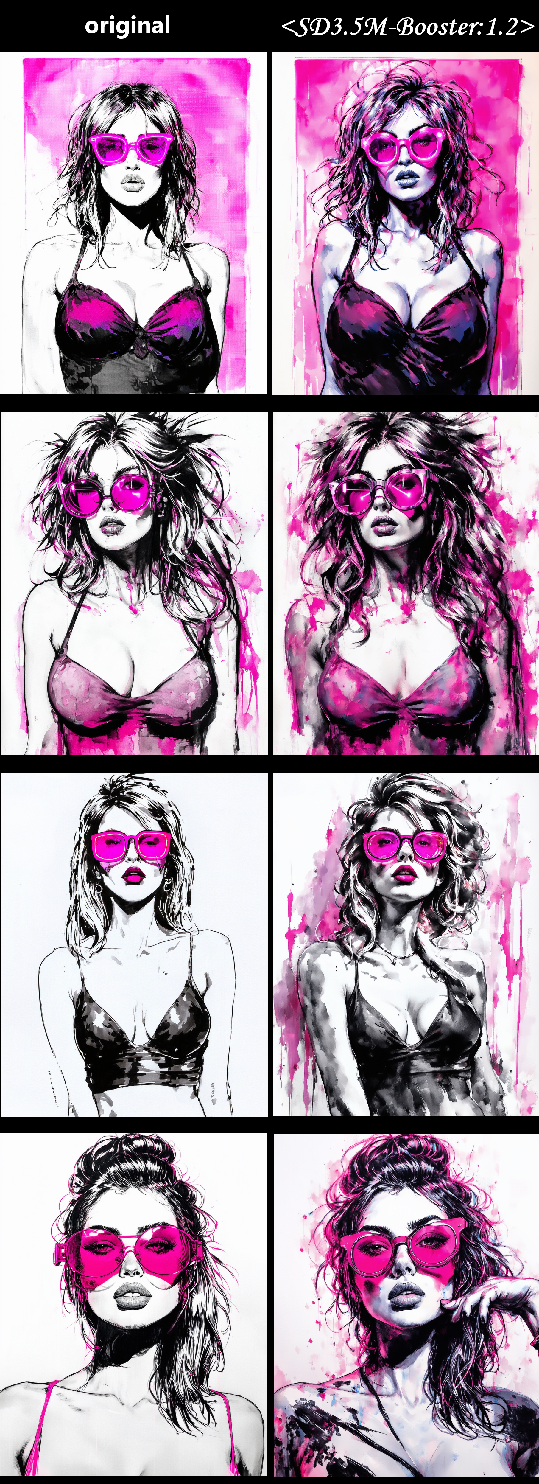 sexy woman with big breasts and neon pink glasses, punk style, detailed ink painting, minimalist