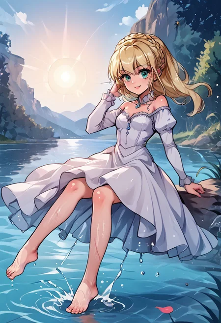 score_9,score_8_up,score_7_up,score_6_up,score_5_up,score_4_up,<lora:Asseylum_vers_allusia_ponyXL:0.9>,asseylum_vers_allusia_ponyxl,<lora:Add_more_details_V2_XLpony:1>,full_details,source_anime,1girl,bare shoulders,blonde hair, aqua eyes, french braid, single sidelock, white dress, puffy sleeves, long sleeves, supportasse, outdoors, lake, submerged feet, kicking, barefoot, skir hold, smile, wet, sun, sunlight, splashing