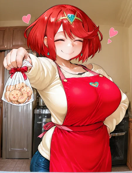 (1girl:1.5), (general:1.3), (detailed background:1.5), living room, <lora:bagofcookies_Illust_v1:1> bag of cookies, cookie, food, gift bag, plastic bag, white day, <lora:LoRA2FHoldingBallNoobAIXLvPred:1> outstretched arm, smile, closed eyes, happy, heart effects, BREAK
<lora:pyra-xb-richy-v1_ixl:0.8> prrnd, red eyes, red hair, short hair, tiara, earrings, large breasts, sweater, tight jeans, apron, hand on own hip, BREAK
dramatic shadows, cinematic lighting, (photo background:1.3), Neromashin_Style_SKNSFW, P3ng01nd00, S0d3v111111m0, (8K resolution:1.2), (masterpiece:1.2), best quality, amazing quality, very aesthetic, absurdres, newest, (ultra detailed:1.3), (uhd:1.1), <lora:ishikeXLillokrV53P1T1:0.5> <lora:AIã¤ã©ã¹ããããã_style_illustrious_goofy:0.5> <lora:ahemaru_777:0.65> <lora:Neromashin_Style_SKNSFW:0.55> <lora:Penguindou:0.35> <lora:Sodeviiiiiimu_Style:0.4> <lora:cfg_scale_boost:0.7> <lora:Smooth_Booster_v2:0.5> <lora:StS-Illustrious-Detail-Slider-v1.0:3.0> BREAK