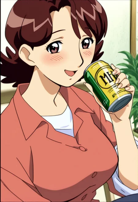 best quality, masterpiece, anime screencap, anime coloring, ultra detailed, source_anime, intricate details, perfect anatomy, 1girl, solo, looking at viewer,
harukaze haruka, brown hair, short hair, flipped hair, bangs, parted bangs, brown eyes, breasts, large breasts, mature female,
upper body, smile, happy,
shirt, red shirt, pants, shoes, smile, open mouth, shirt, collared shirt, sleeves rolled up, buttons,
indoors, can, holding, shirt, drinking, blush, border, upper body, holding can, drink, plant, fingernails,