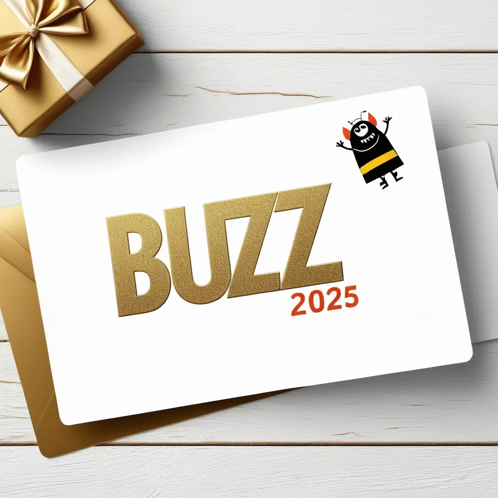 text says"buzz" "2025", new year gift card