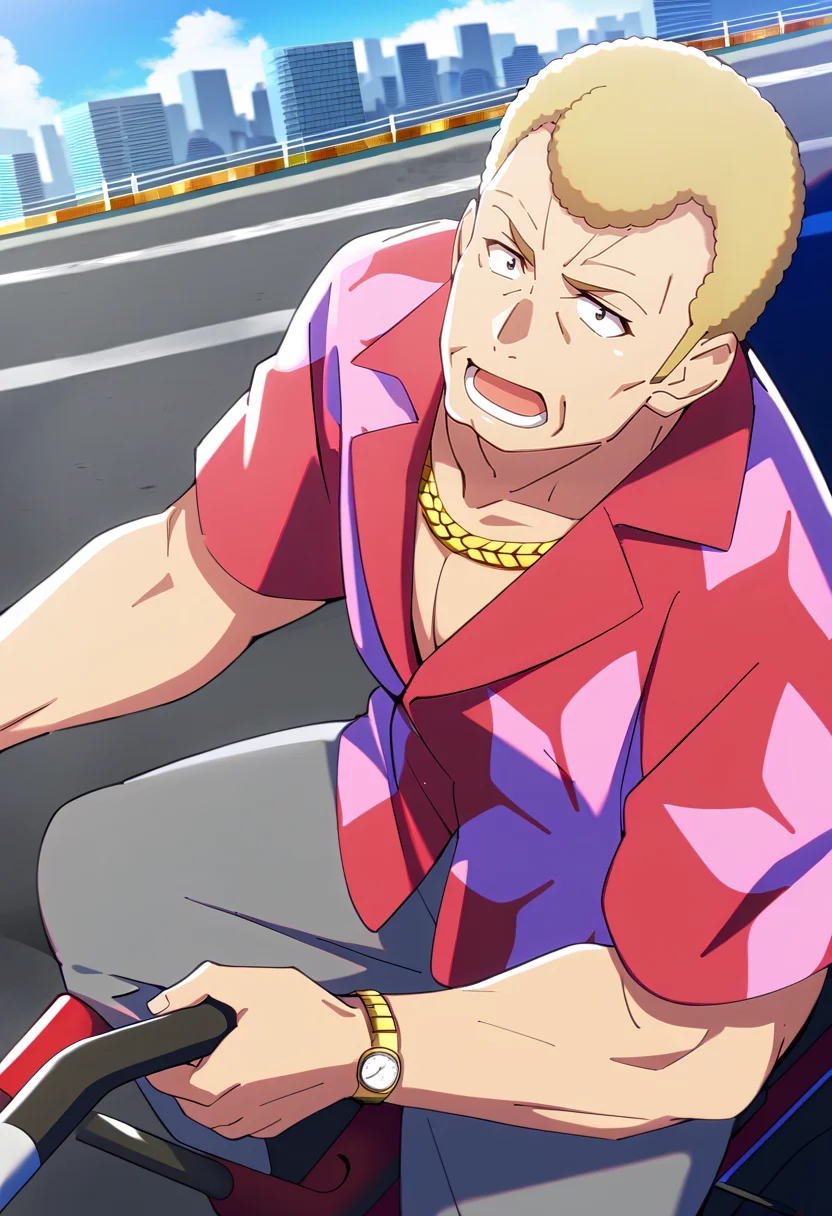 houjouteppei, 1boy, male focus, old man, solo, looking up, open mouth, frown, mature male, muscular, bara, blonde hair, short hair, black eyes, riding bike, motion lines, highway, cityscape, red and pink hawaiian shirt, grey pants, wristwatch, necklace, cleft chin, extremely detailed, 8k, best quality, amazing quality, best aesthetic, absurdres <lora:teppei_pony-2:1.5>