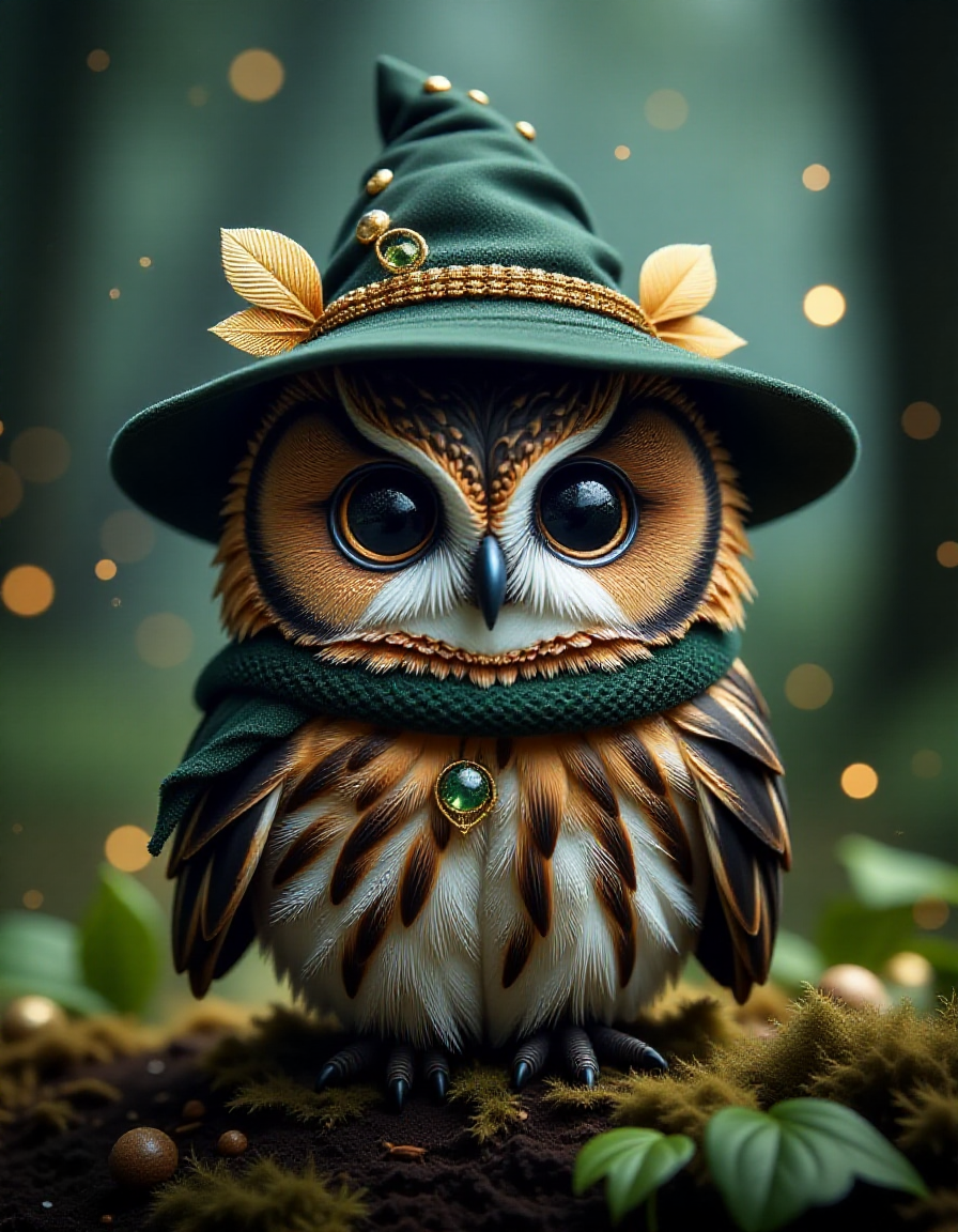 small zhibi owl, dressed like a wizzard, in a dark mythical wood, sourround by fireflys, looking very cute but has a mystical aura around itself <lora:zhibi_flux:1>
