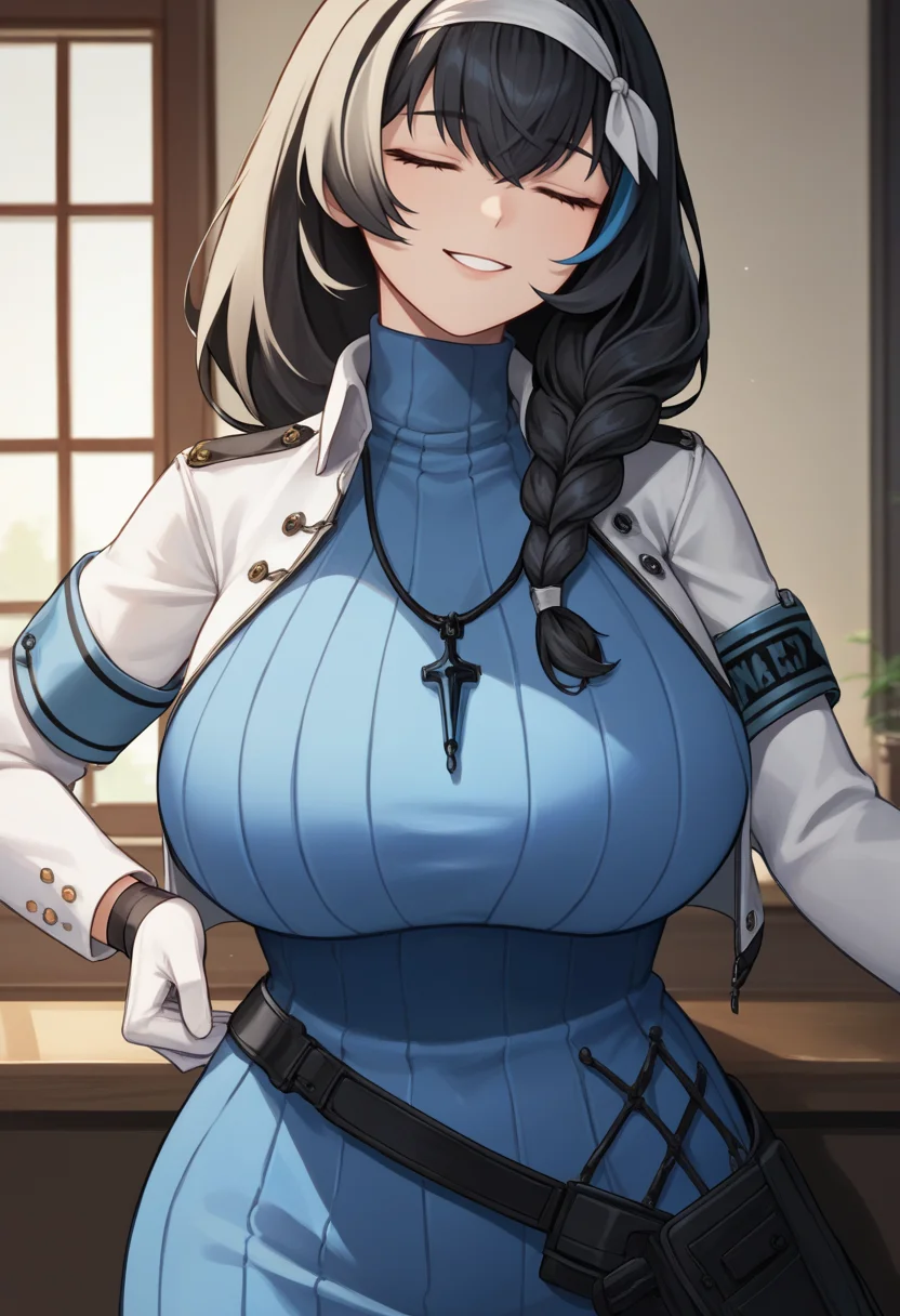 score_9, score_8_up, score_7_up, source_anime BREAK 1girl, solo, <lora:mary-nikke-richy-v1_pdxl:1> marydef, closed eyes, black hair, long hair, bangs, hair over shoulder, braid, streaked hair, blue hair, white hairband, blue sweater, turtleneck sweater, sweater dress, white jacket, armband, necklace, single glove, white gloves, large breasts, indoors, parted lips, smile, long sleeves, crop jacket