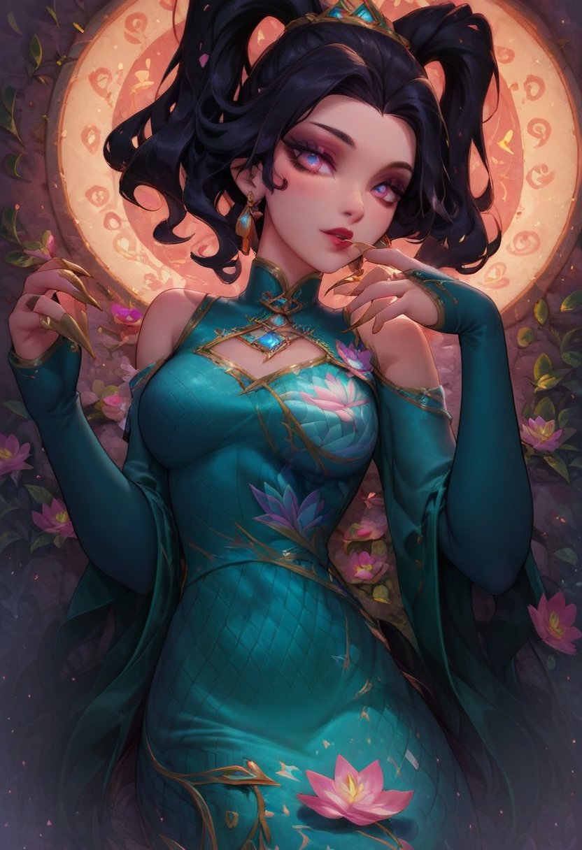 score_9, score_8_up, score_7_up, score_6_up, rating_safe,   
<lora:Prestige_Mythmaker_Cassiopeia:1>Mythmaker_Cassiopeia, twintails, very long hair, hair ornament, snake-like tail, lamia, snake eyes,
off-shoulder dress, neckline, sleeves, Chinese-style long green dress, lotus flower patterns, green shawl, earrings, flower on the chest, claws,
<lora:incase-ilff-v3-4:0.5> <lora:g0th1cPXL:0.45>  <lora:Expressive_H:1> <lora:princess_xl_v2:1>, <lora:incase-ilff-v3-4:0.5> <lora:g0th1cPXL:0.45>  <lora:Expressive_H:1> <lora:princess_xl_v2:1> <lora:bigSaggyBreastsPony2:0.85>