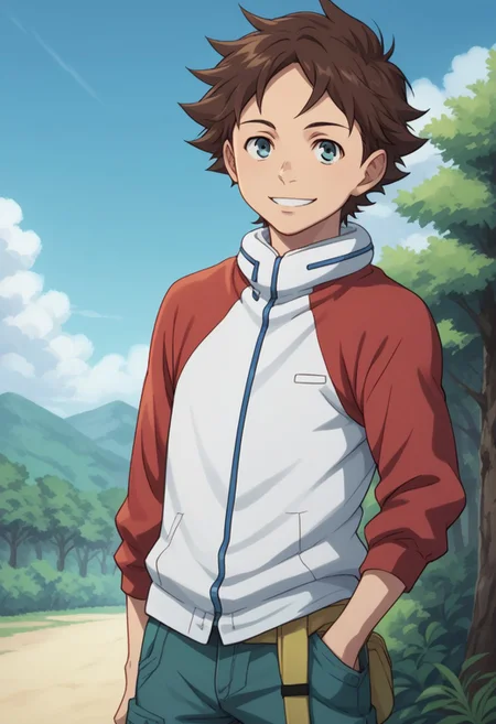 score_9, score_8_up, score_7_up, source_anime, highly detailed,
renton, 1boy, solo, brown hair, male focus, blue eyes, jacket, looking at viewer, raglan sleeves, smile
outdoor, sky, tree