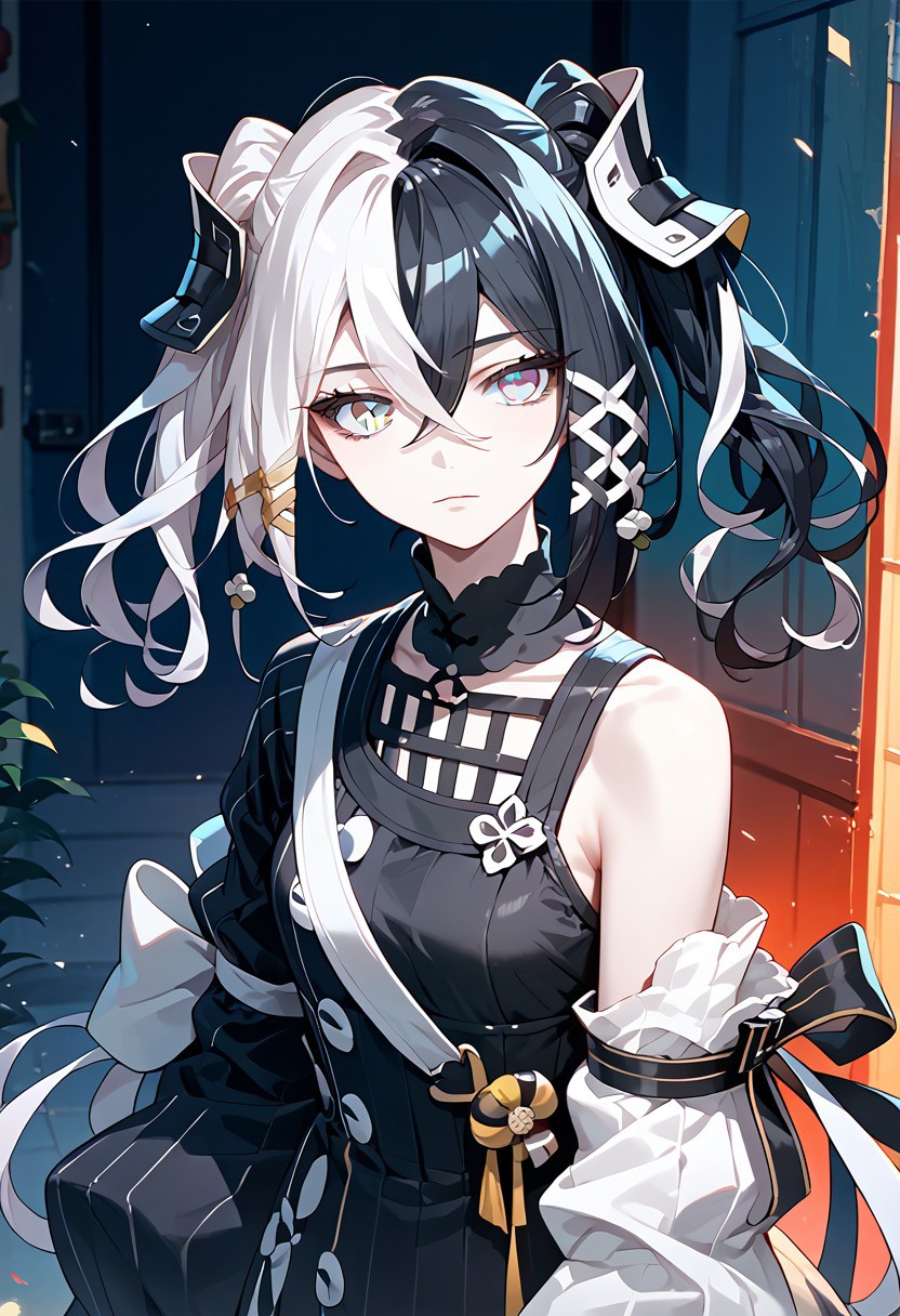 score_9,score_8_up,score_7_up,source_anime,ANTILENE_HERAN_FOUCHE,1girl,solo,looking at viewer,black hair,hair ornament,hair between eyes,twintails,white hair,multicolored hair,two-tone hair,grey eyes,pale skin,