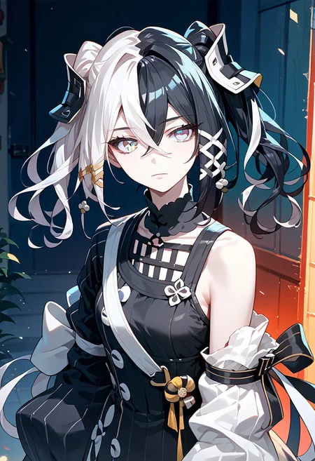 score_9,score_8_up,score_7_up,source_anime,ANTILENE_HERAN_FOUCHE,1girl,solo,looking at viewer,black hair,hair ornament,hair between eyes,twintails,white hair,multicolored hair,two-tone hair,grey eyes,pale skin,