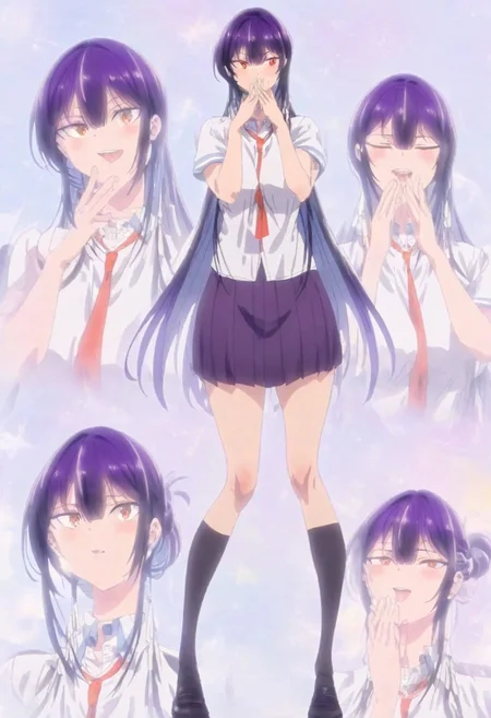 Masterpiece, highest quality, 8K resolution, crisp image quality and vibrant colors, outstanding portrait of a woman with great attention to detail, amazing quality, (anime cel image: 1.5),takamine,
open clothes, solo, Anime girl, (ethnicity:1.1), (detailed clothing:1.2), (accessories:1.1), (facial features:1.2), (expression:1.1), (body type:1.1), (pose:1.2), standing, (detailed hairstyle:1.2), long purple hair, (complexion:1.1), light skin, white school uniform, red tie, dark purple skirt, black socks, black shoes, posing center, facing viewer, slightly playful expression, (hands:1.1) gesturing with fingers to mouth, simple background, pastel color palette, (lighting:1.1) soft and even, anime style, (composition:1.1) full body shot, digital art, high detail, (detailed uniform details:1.1).