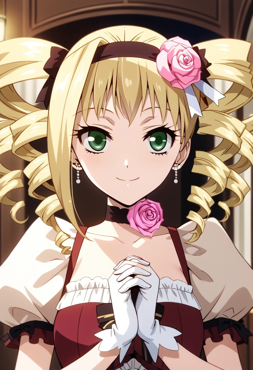 score_9, score_8_up, score_7_up, source_anime, ELIZABETH MIDFORD, DRILL HAIR, TWIN DRILLS, 1girl, solo, smile, blonde hair, hair ornament, gloves, dress, bow, twintails, jewelry, green eyes, flower, hairband, earrings, choker, hair flower, rose, drill hair, own hands together, twin drills, pink flower, own hands clasped, pink rose