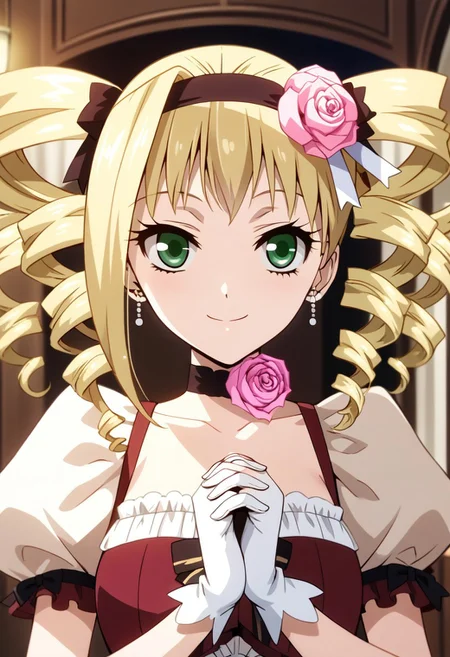 score_9, score_8_up, score_7_up, source_anime, ELIZABETH MIDFORD, DRILL HAIR, TWIN DRILLS, 1girl, solo, smile, blonde hair, hair ornament, gloves, dress, bow, twintails, jewelry, green eyes, flower, hairband, earrings, choker, hair flower, rose, drill hair, own hands together, twin drills, pink flower, own hands clasped, pink rose