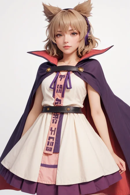 score_9, score_8_up, score_8, score_9, 1 girl, source_anime, <lora:miko_pony_v2-10:1> toyosatomimi no miko, light brown hair, pointy hair, earmuffs, baton, brown eyes, purple skirt, cape, white dress