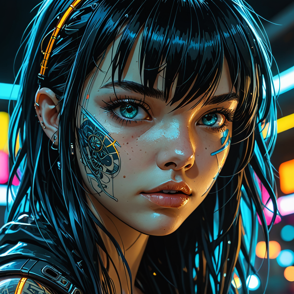 manga style, hyper-detailed close-up of a girl's face, forced angle, cyberpunk style, (Mindful Machine Art style, jim mahfood), geometric tattoos, bright colors, brightness, reflections, very high contrast, side lighting, light dark, hair straight black, medium long hair, bangs, piercing, blue tones, gloomy atmosphere, shadows on the face, background with neon structures, hyperrealistic, 3D rendering, 4K