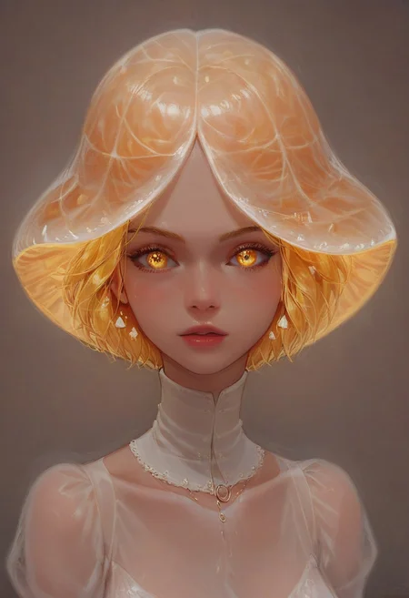 (score_9, score_8_up, score_7_up),rating safe,best quality, ultra highres,portrait, full body, kawai face, smooth skin, perfect face, perfect body, perfect hands, sharp contours, drawing, painting, oil painting,
, detailed eyes,
1girl, glowing crystalized blonde hair,crystal hair, shiny hair, mushroom head, big mushroom hat, magical girl, witch costume, big breasts, see-through plastic dress, skindentation, ghost girl, transparent girl, wedding dress,
1dk
