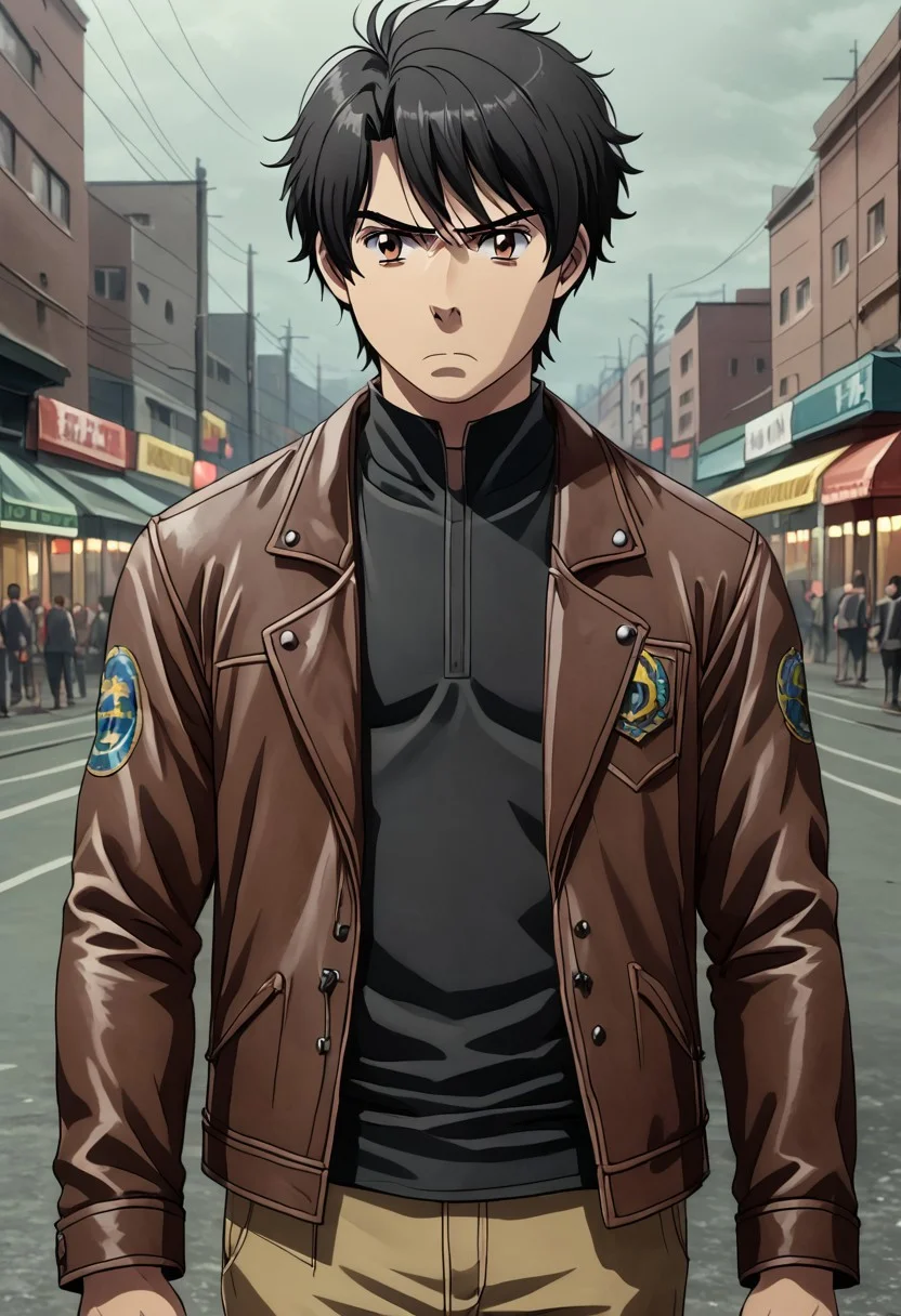 high resolution, solo, best quality, 1Boy, Inaho Kaizuka, Black hair, Brown Eyes, gangster, yakuza, leather jacket, annoyed,