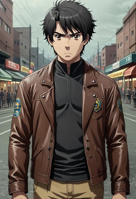 high resolution, solo, best quality, 1Boy, Inaho Kaizuka, Black hair, Brown Eyes, gangster, yakuza, leather jacket, annoyed,