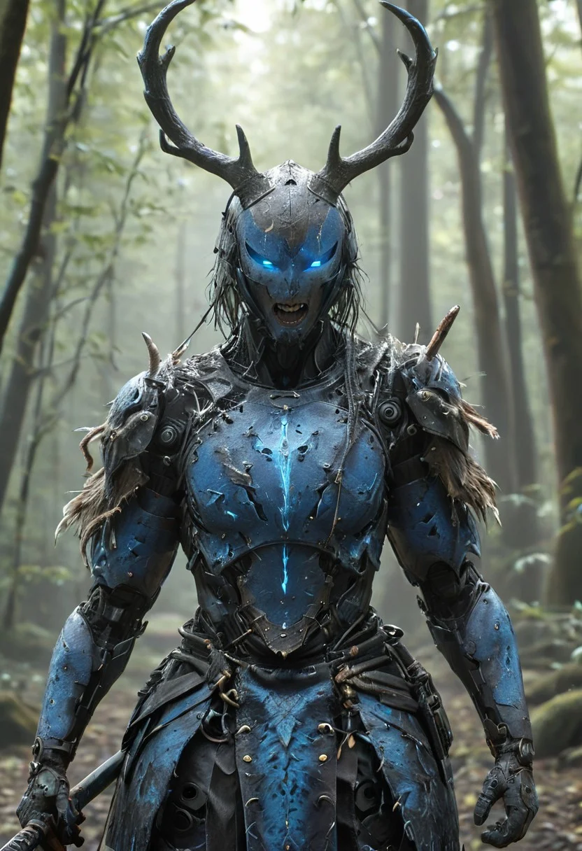 Shaman, male, shouting, armor, weapon, electric antlers, open mouth, male focus, helmet, electricity, battleaxe, huge battleaxe, action pose, dynamic pose, action, battle, fight, digital fantasy artwork in a dynamic, action-packed style, dressed in a rugged, tribal-inspired armor adorned with feathers, bones, and other animal parts, indicative of a barbarian or shaman from a primitive culture. The shaman has a fierce expression, with a mouth open as if shouting or roaring. They wear a helmet with antlers, adding to their intimidating appearance. blue electric currents, electic magic, glowing, rays, blue lightning, clouds, in the forest, tattoo, war paint, facepaint, feathers,noface cyborg katana Cyborg Samurai ais-olde