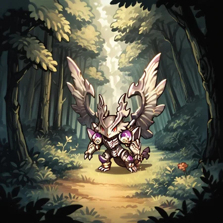 score_9, score_8_up, score_7_up, score_6_up, score_5_up, score_4_up, source_anime,kenbis, chibi,outdoors,forest,dorugoramon,wings,tail