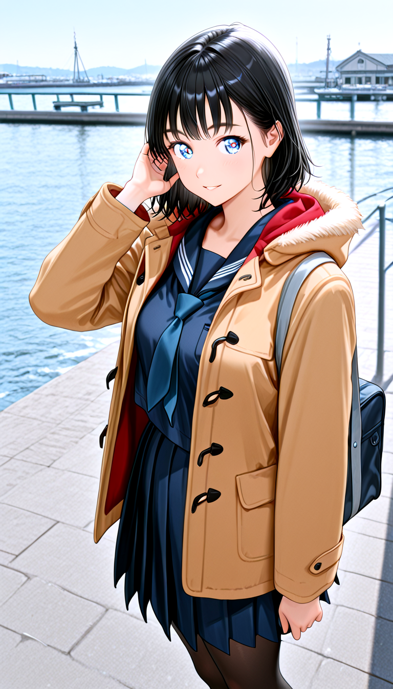 lazypos, masterpiece, best quality, amazing quality, very aesthetic, absurdres, newest,  ((ultra detailed hair:1.4)), ((ultra detailed eyes:1.4)),((dynamic angle))
BREAK
1girl,solo, m1o_manga, black hair,
fur trim,red hooded coat, school uniform, shirt, navy blue  serafuku, skirt, (Above-the-knee skirtt), Navy blue tie, School Bags, pantyhose
BREAK
Winter, harbor, small ferry dock, waiting, smile, hand in own hair, parted lips, cowboy shot
 <lora:Mio_-_100percent_-_mangaSummer_Time_Rendering3-000012:1>